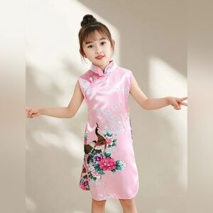 Girls' Chinese-Style Dress with Peacock Print, Traditional Hanfu for New Year